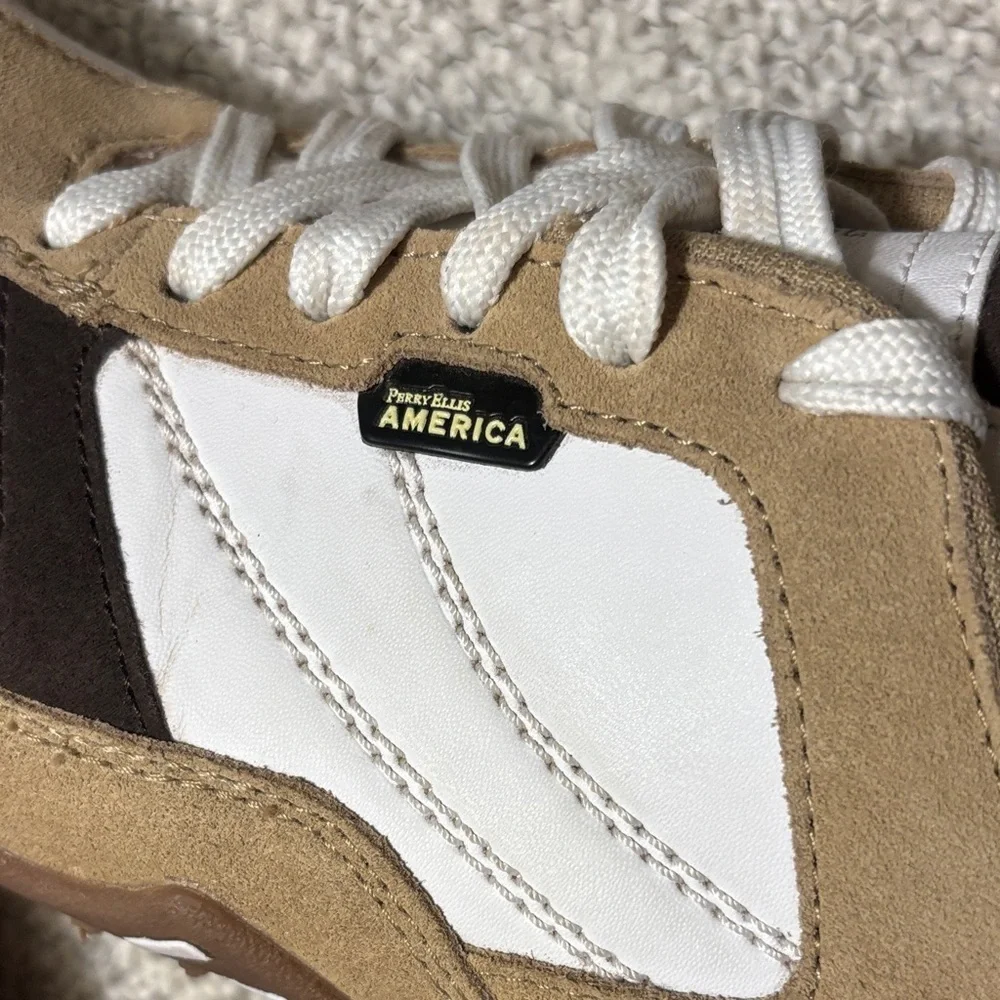 Perry Ellis America Men's White and Tan Casual Leather & Suede Sneakers